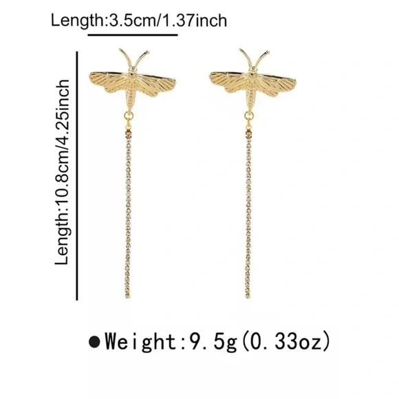 Zara Vintage Metal Dragonfly Rhinestone Tassel Dangling Earrings - Picture 5 of 6